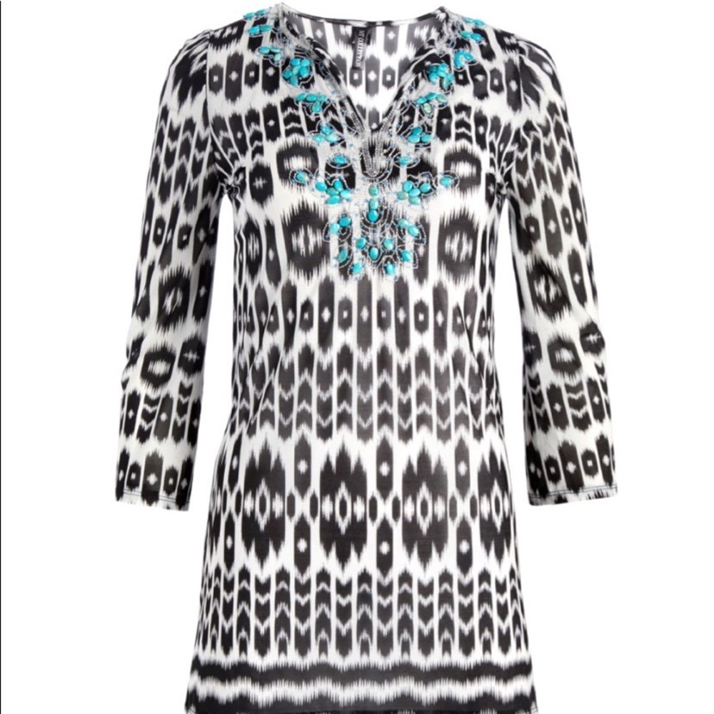 IKAT Black & White/Turquoise Beads/Silver Sequins/Swim/Tunic Top/Dress/Cover Up